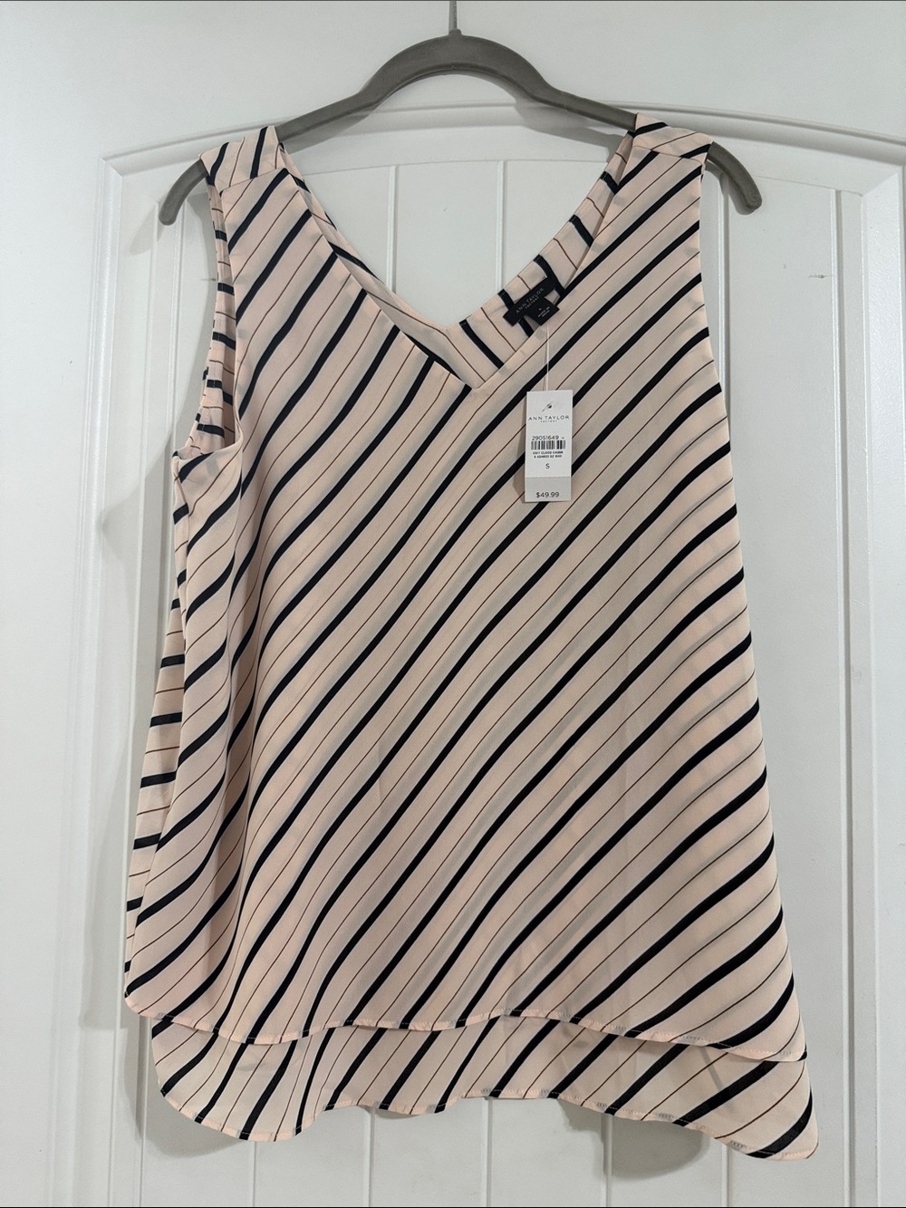 Ann Taylor Blush Pink and Black Diagonal Stripe V-Neck Tank